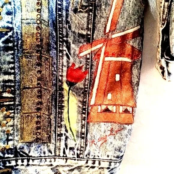 Vintage Jordache Acid Wash Upcycled Travel Theme Rhinestone Jean Jacket Size M - Picture 4 of 10